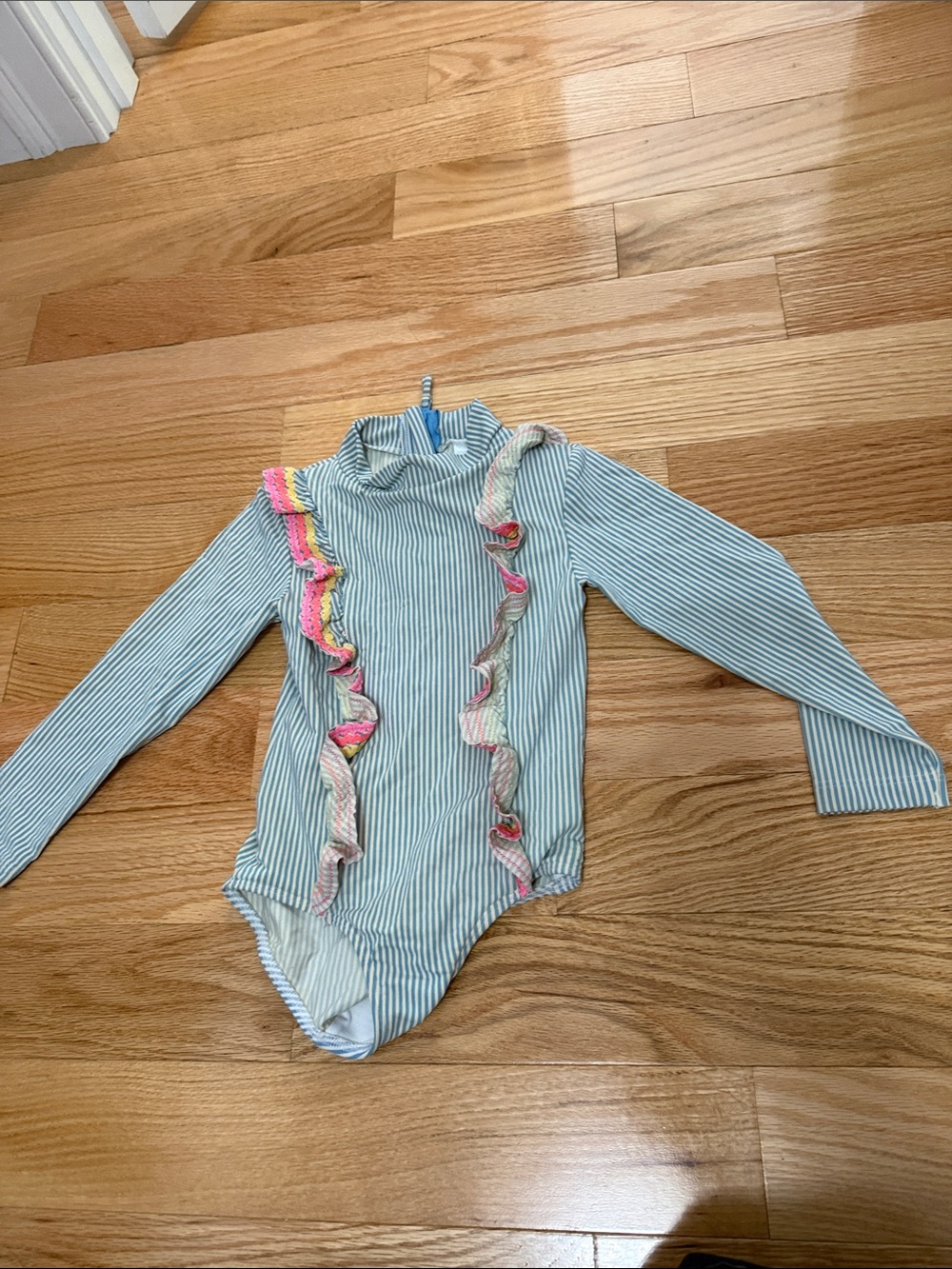 Striped Blue Girls One-Piece Swimsuit with Pink Ruffle Trim